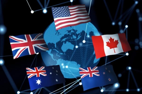 Australia, Canada, New Zealand, UK, US flags