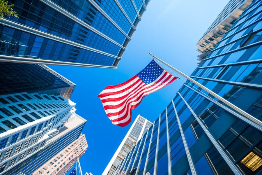 US flag in city