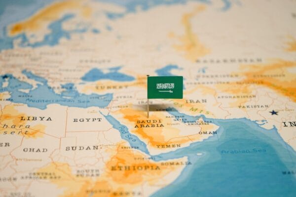Saudi Arabia flag on map